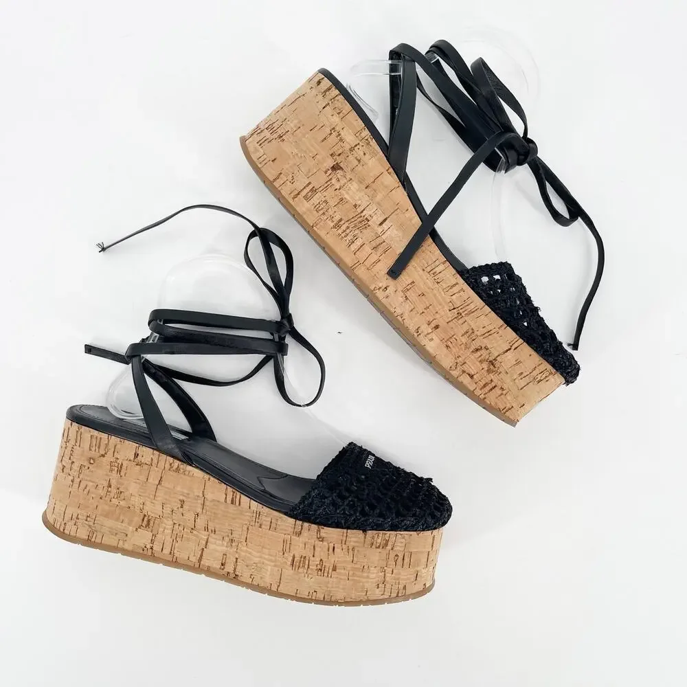 Prada Black Raffia Crochet Logo Cork Platform Lace Up Ankle Tie Sandals IT 41